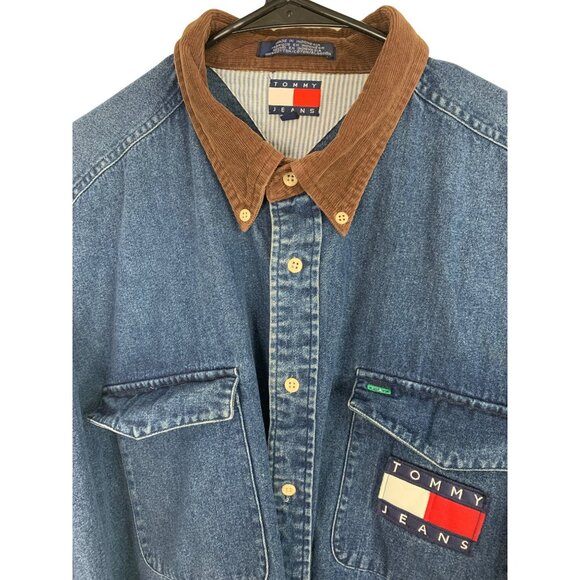 Vintage Y2K Tommy Jeans Denim Shirt Sz XL Corduroy Collar Logo Pocket RW10330 - Picture 4 of 8